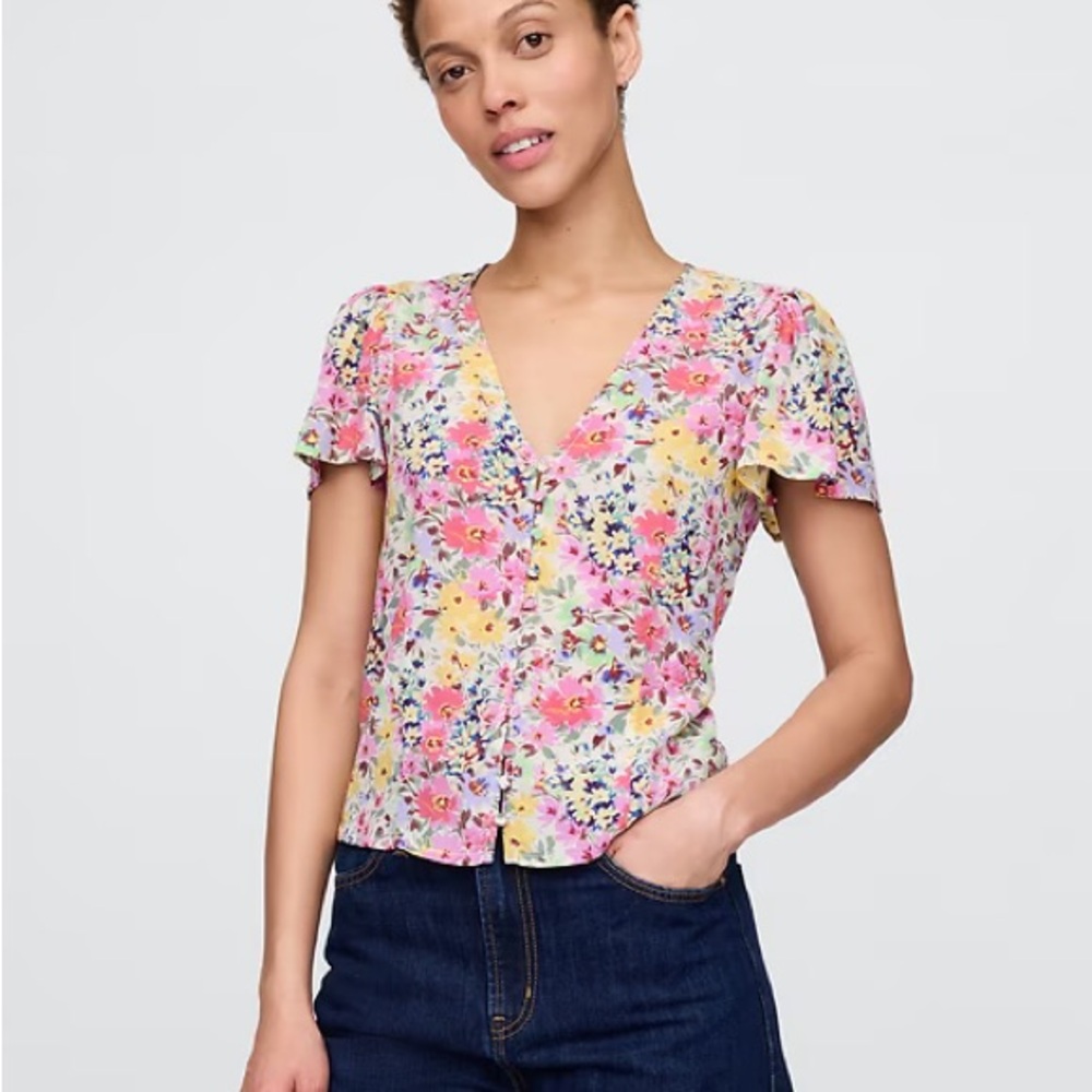 GAP Floral V-Neck Blouse - Pink and Yellow